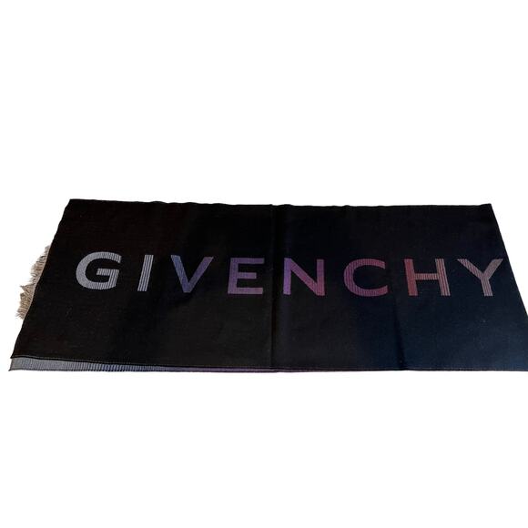 Givenchy Logo Wool Double Face Fringe Scarf Black Ombre - Picture 4 of 8
